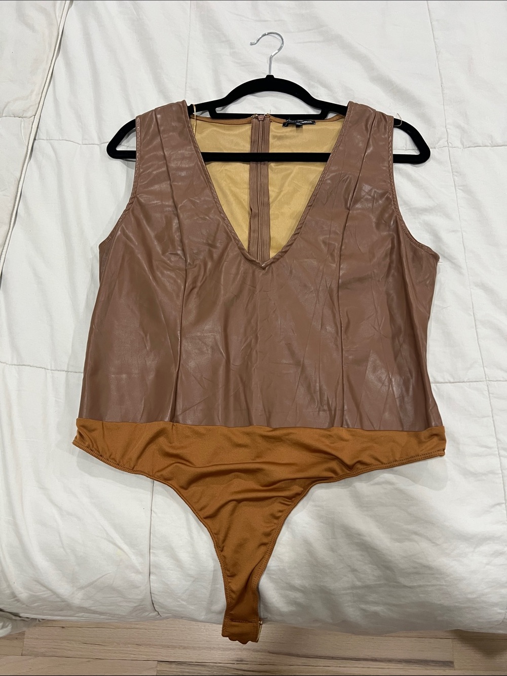 Brown Faux Leather V-Neck Bodysuit